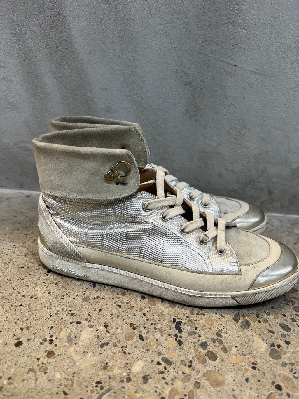High-Top Metallic Accent Sneakers In Cream And Silver
